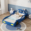 Race Car Twin Bed for Teens – Blue & Yellow Wooden Platform Bed with Storage and Safety Rails