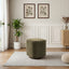 Front view of olive vanity stool with swivel base and tufted cushion