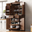 Front view of a tall brown farmhouse pantry cabinet with four doors, two drawers, and visible embossed texture panel