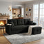 Front view of black L-shaped sleeper sofa with chaise and tufted backrest