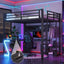Full Metal Loft Bed with L-Shaped Desk, USB Ports, Peg Board & Z-Lights – Black