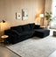 Front view of a black L-shaped corduroy sofa with right-corner configuration