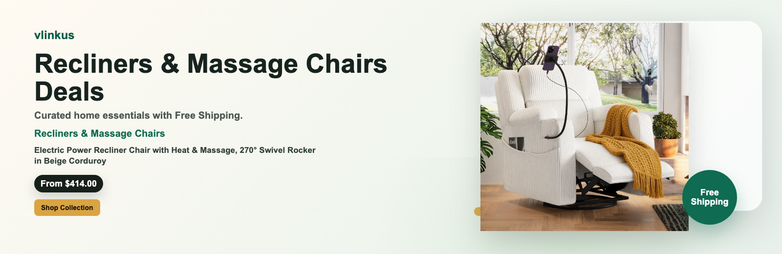 Recliners & Massage Chairs free shipping banner by vlinkus