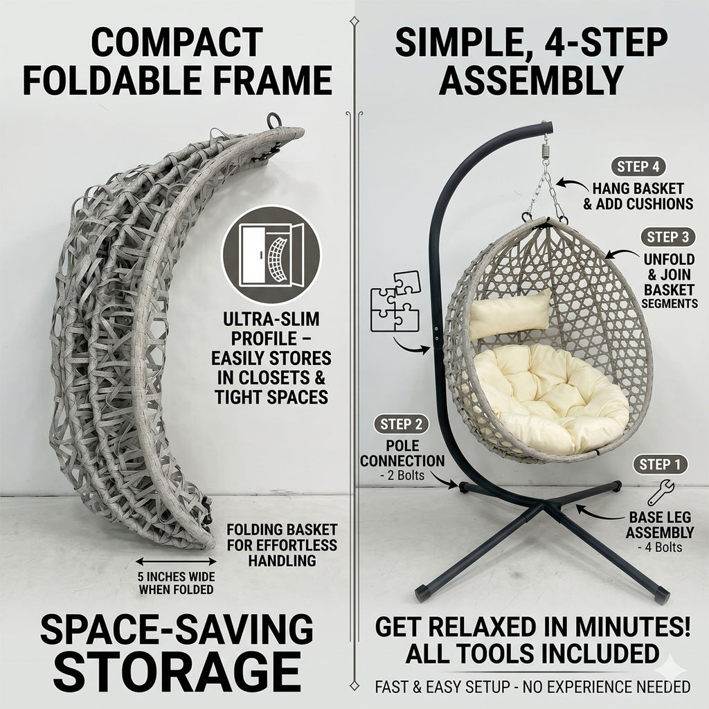 Folding HDPE Rattan Hanging Egg Chair with Stand – Indoor/Outdoor Patio Swing Basket