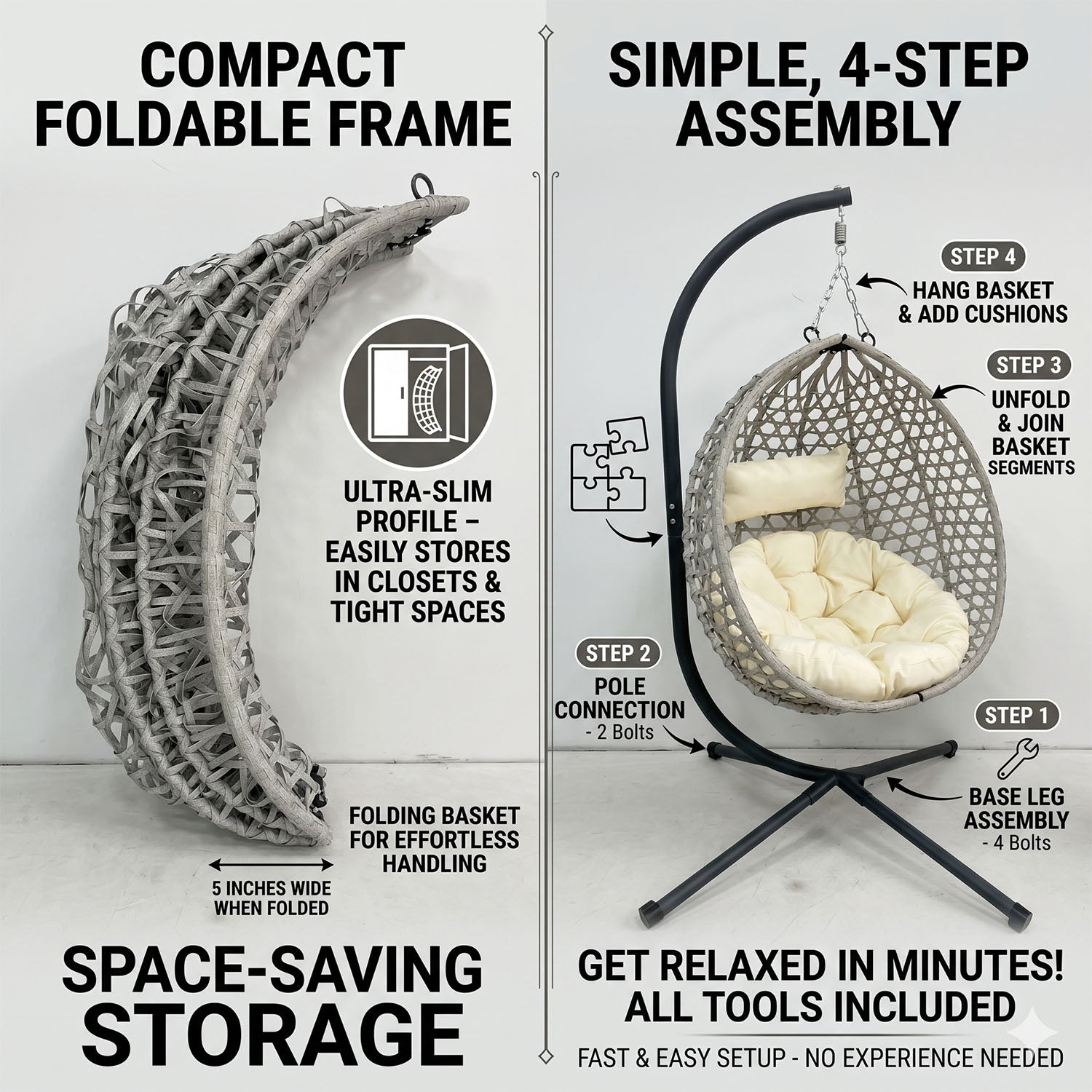 Folding HDPE Rattan Hanging Egg Chair with Stand – Indoor/Outdoor Patio Swing Basket