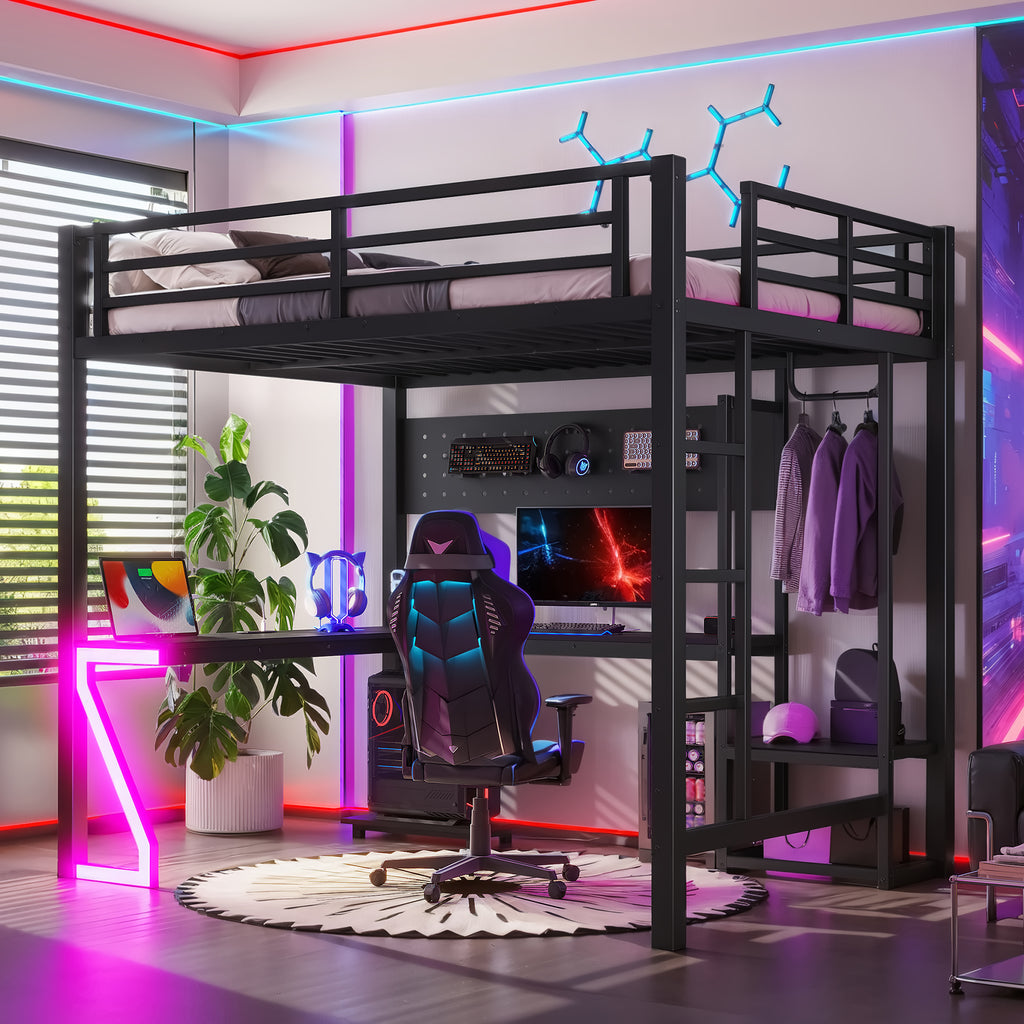 Full Metal Loft Bed with L-Shaped Desk, USB Ports, Peg Board & Z-Lights – Black