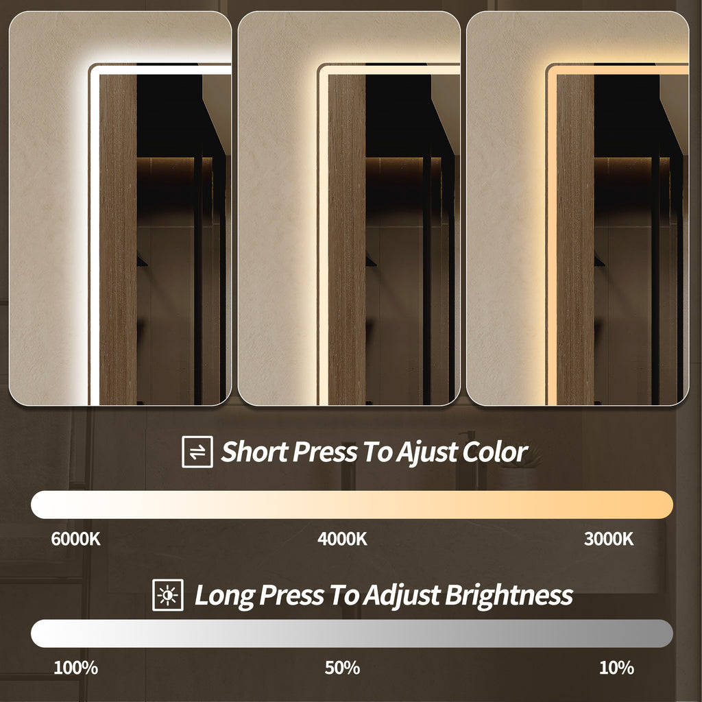 30" x 36" Frameless Front-Lit LED Bathroom Mirror with Anti-Fog & 3 Color Temperatures