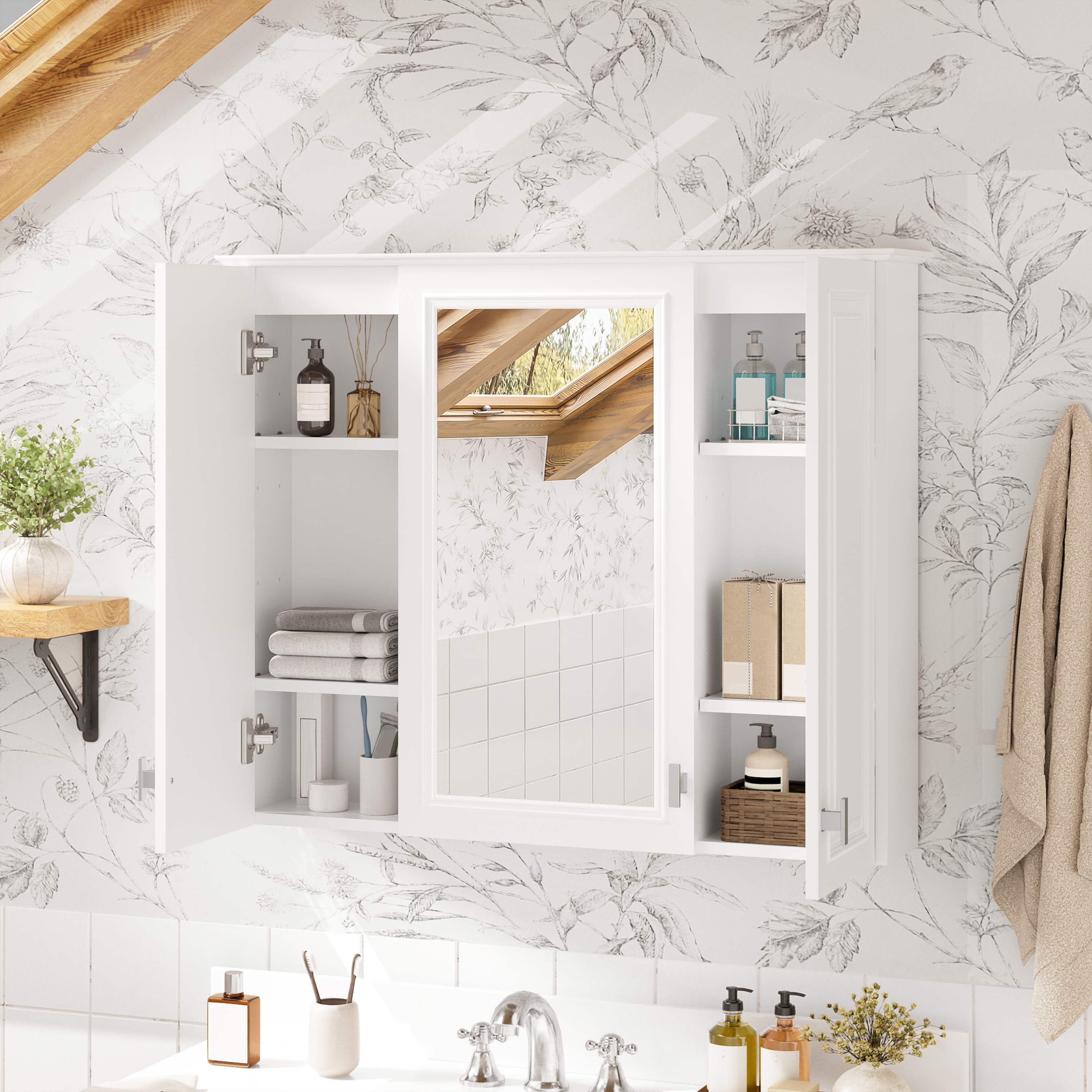 35-inch Wall-Mounted Bathroom Medicine Cabinet with Mirror and 5 Adjustable Shelves, White