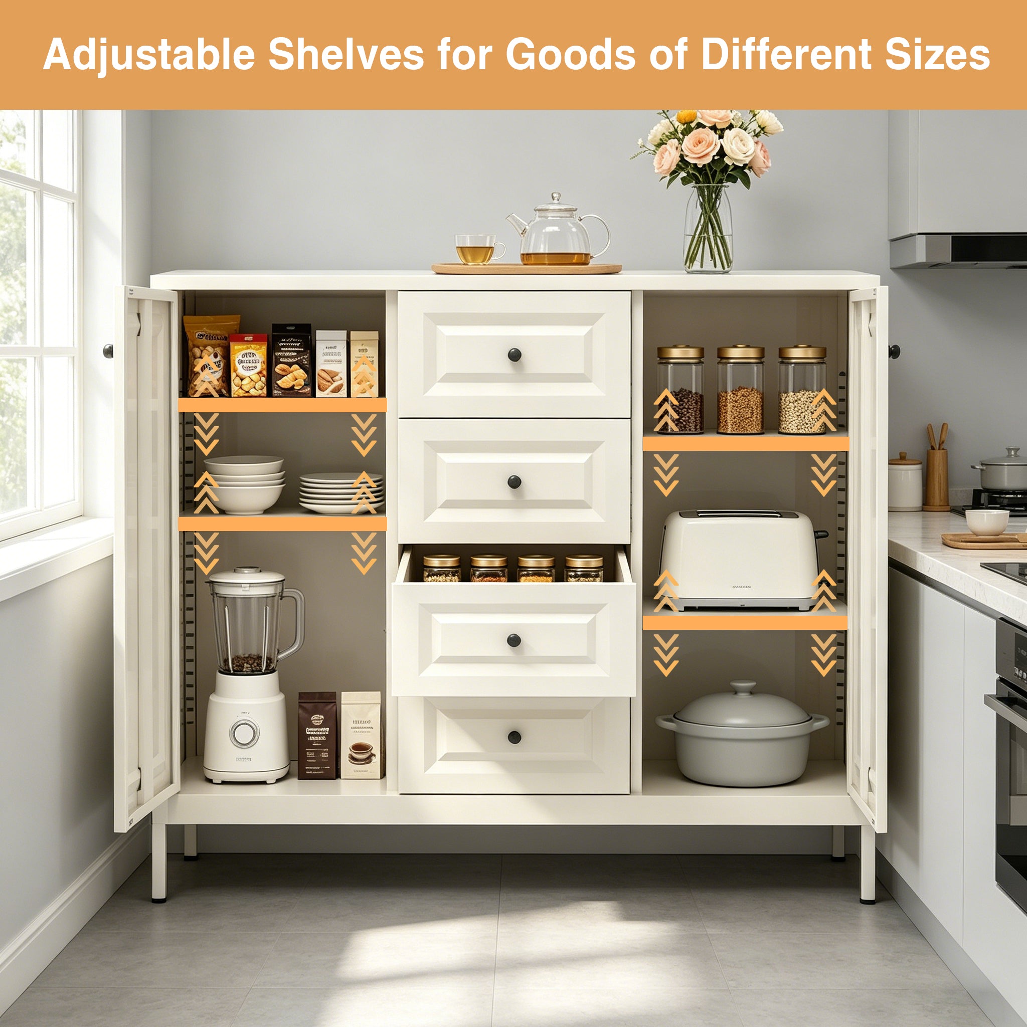 40.16" Steel Storage Sideboard Cabinet with 4 Drawers & 2 Doors – Beige