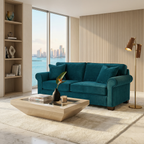 Three-quarter angle view of Irlanda sofa highlighting rolled arms, velvet texture, and wooden base