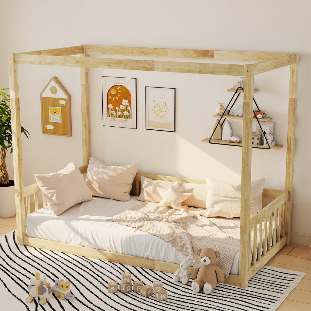 Twin Canopy Frame Floor Bed with Guardrails in Natural Wood