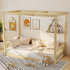 Twin Canopy Frame Floor Bed with Guardrails in Natural Wood