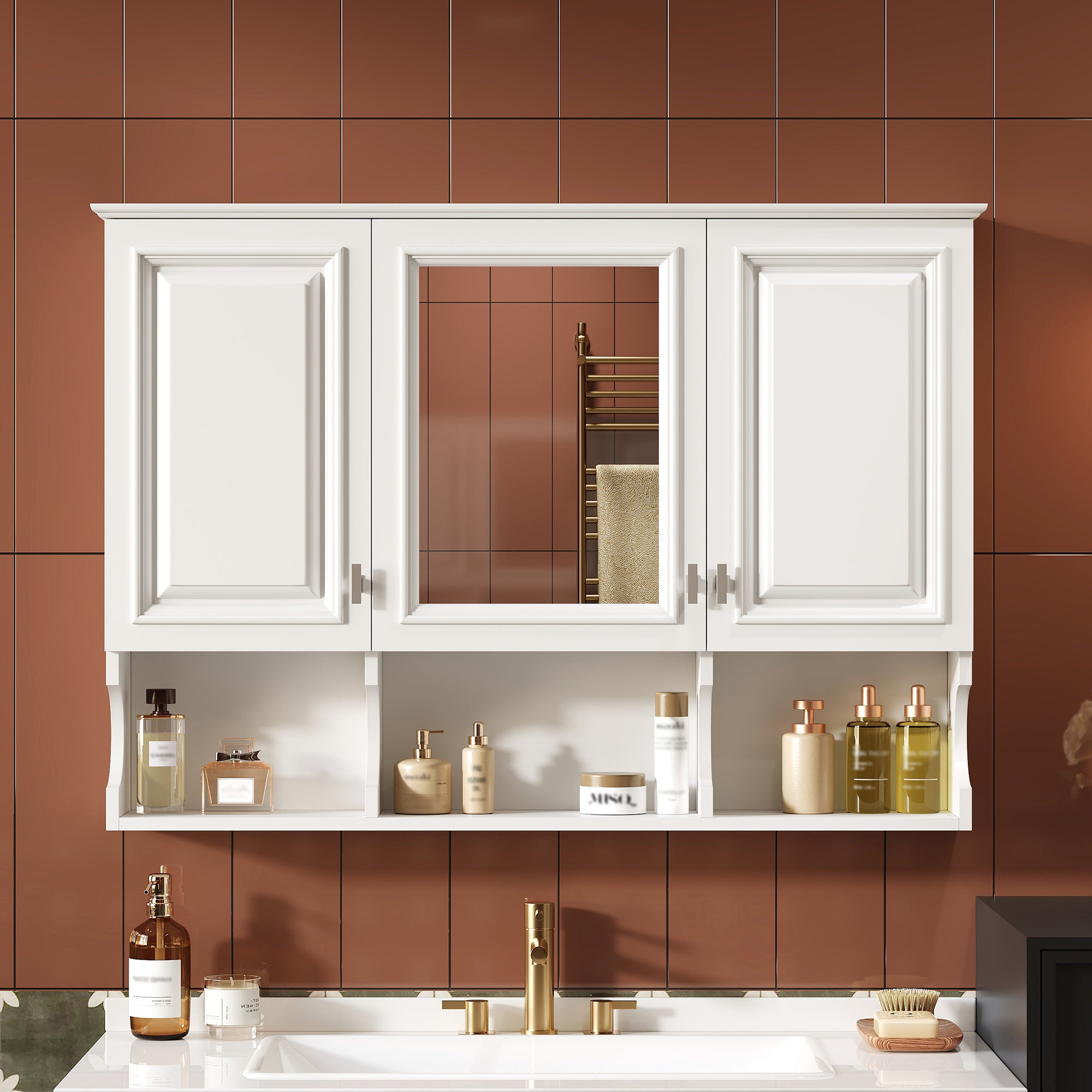 41 Inch Wall-Mounted Mirror Medicine Cabinet with Open Shelf and 3 Doors Main image