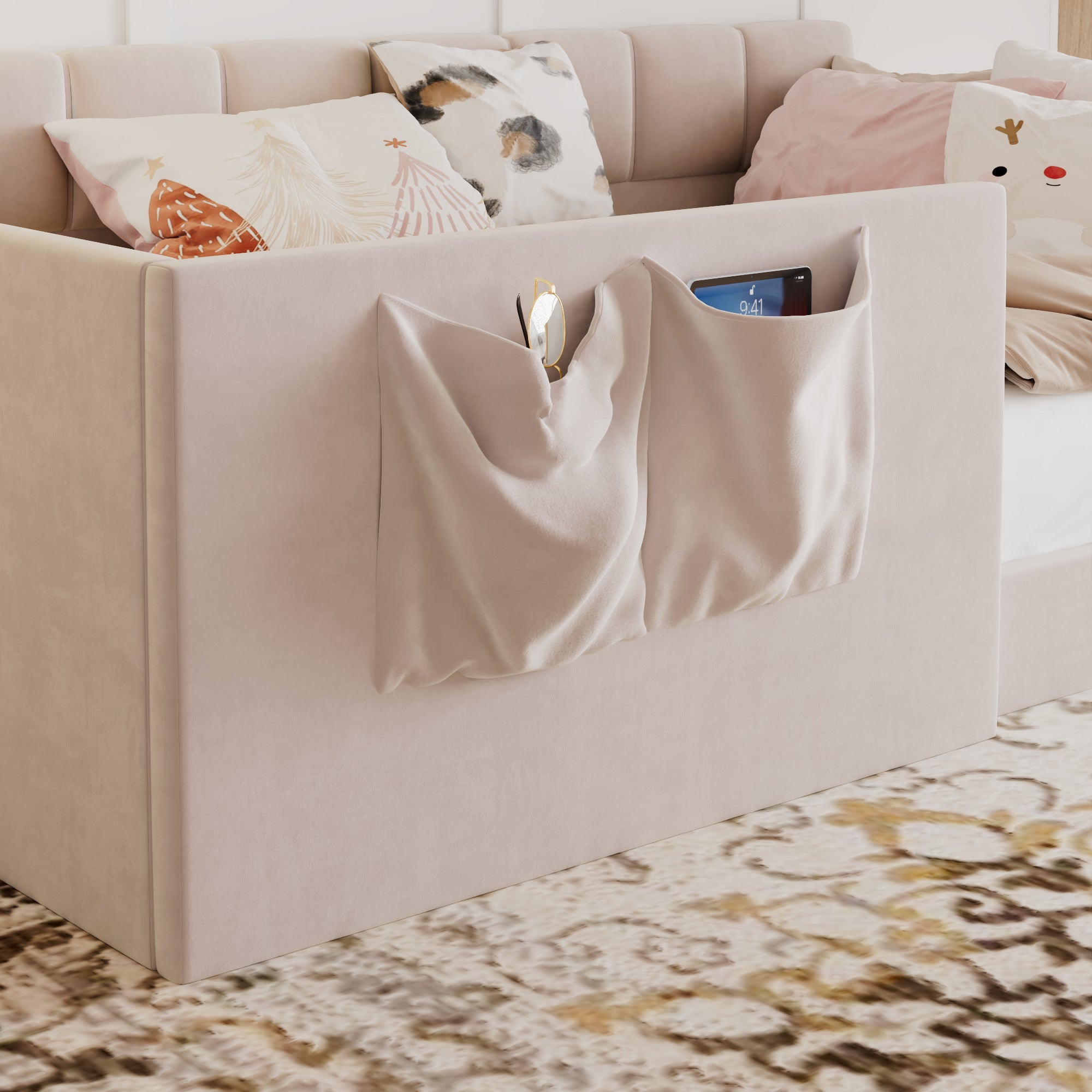 Twin Velvet Daybed Sofa Bed with Side Storage Pockets & Walk-In Entrance, Pink