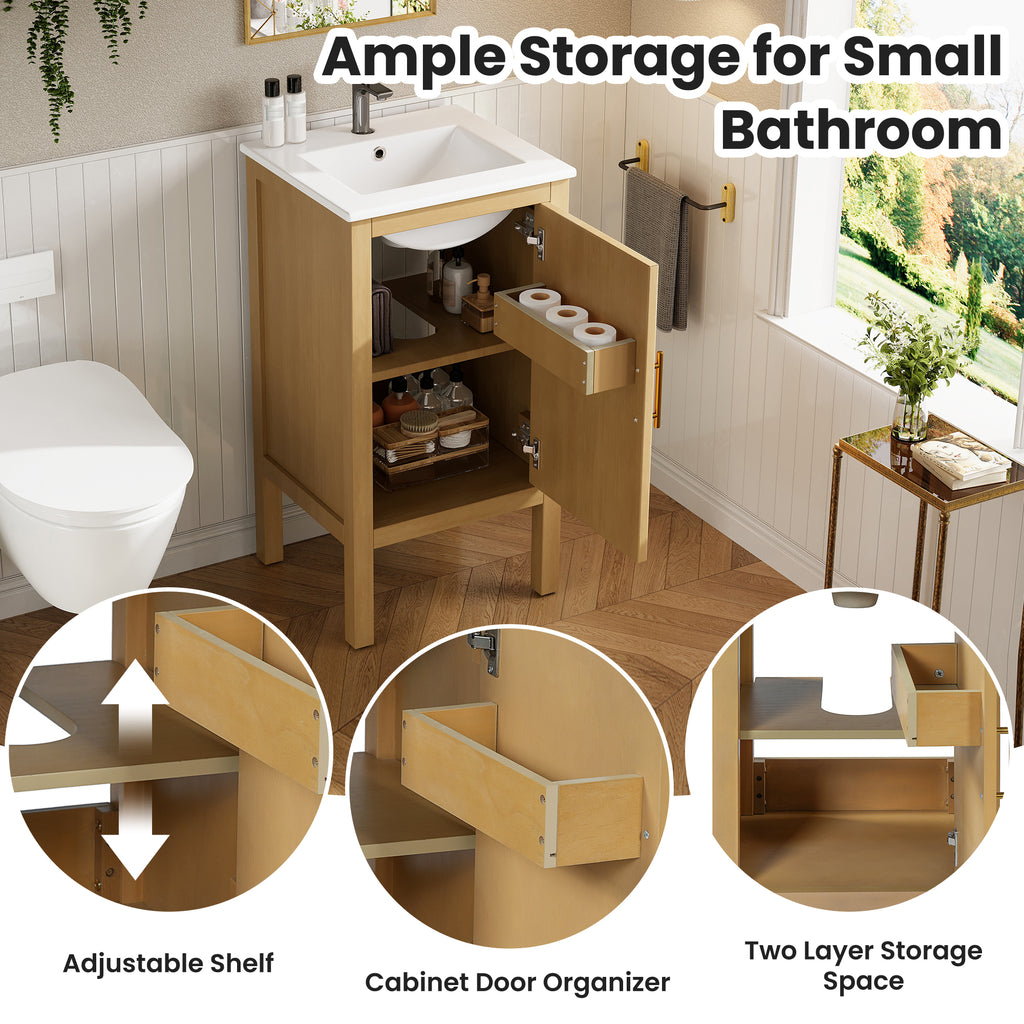 18" Modern Bathroom Vanity with Ceramic Sink, Adjustable Shelf & Soft-Closing Hinges