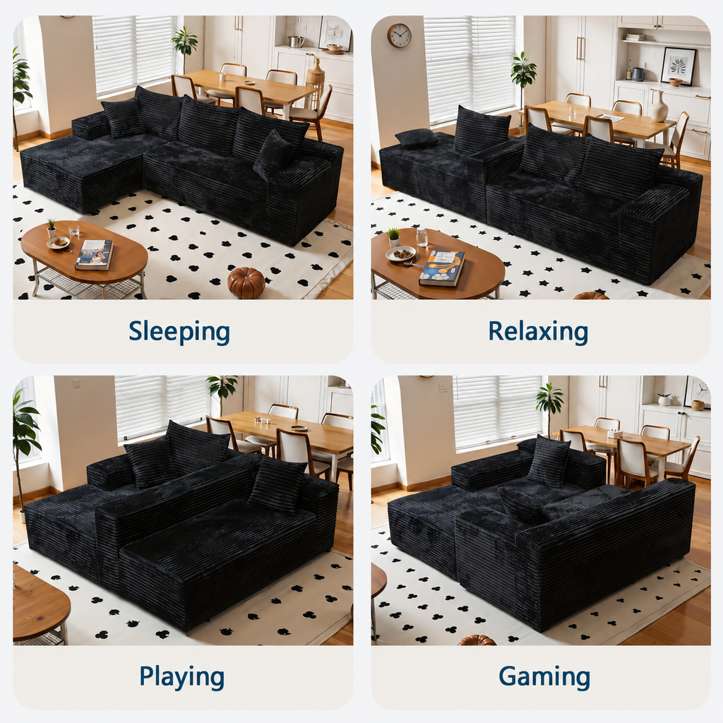 96" Frameless Boneless Black Corduroy Sectional Sofa with L-Shaped Chaise - product detail image 5