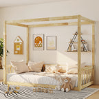 Twin Canopy Frame Floor Bed with Guardrails in Natural Wood