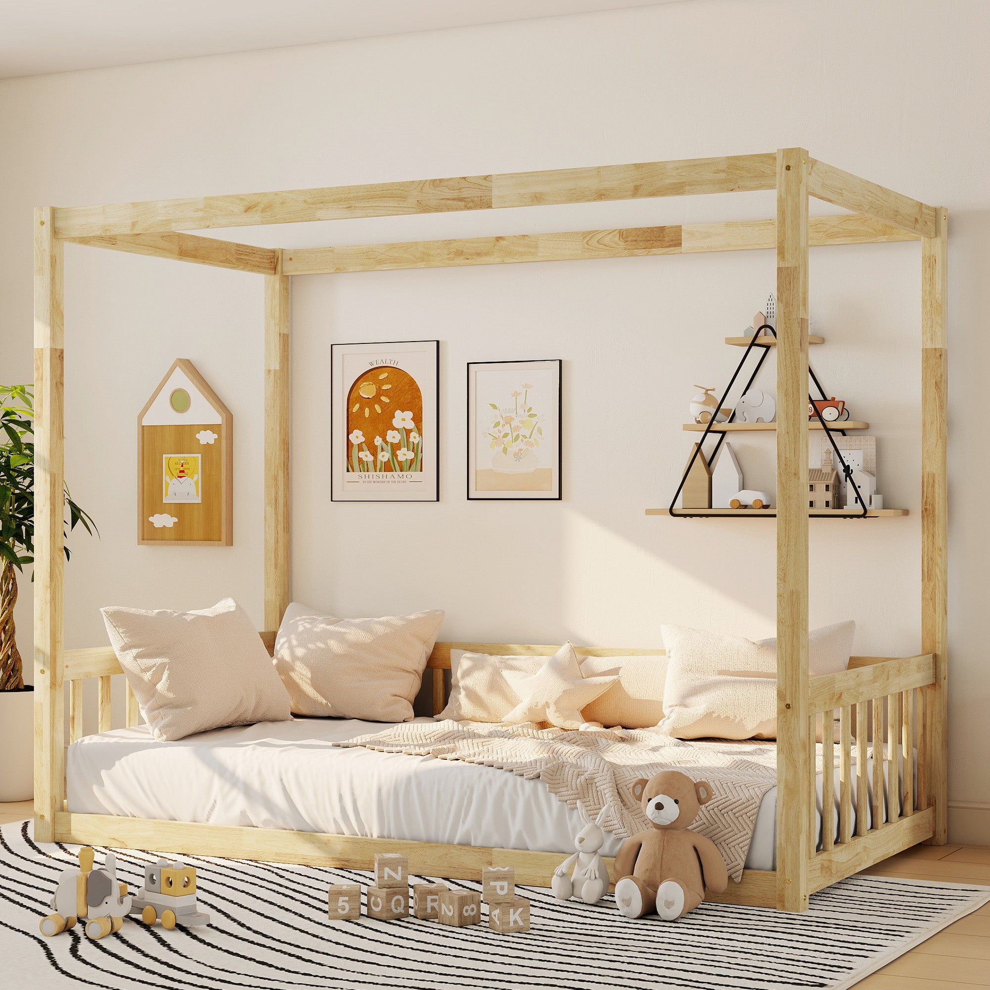Twin Canopy Frame Floor Bed with Guardrails in Natural Wood