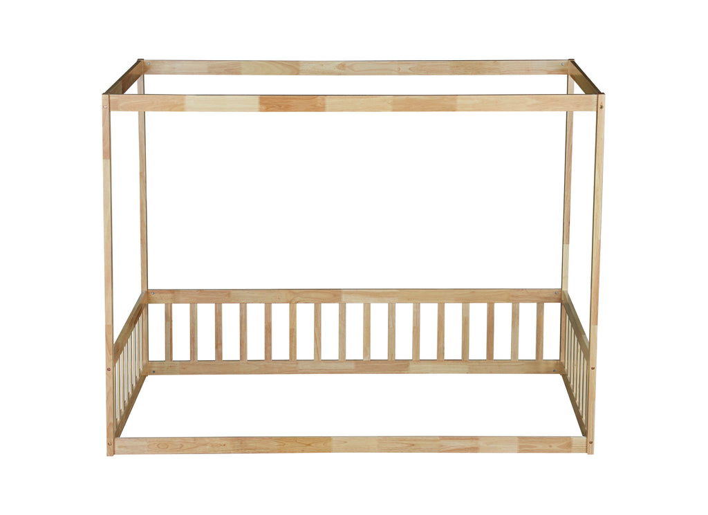 Twin Canopy Frame Floor Bed with Guardrails in Natural Wood