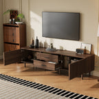 70-inch Modern TV Stand for TVs up to 80 Inches – Dark Brown Wood-Grain with Ample Storage & Solid Pine Legs