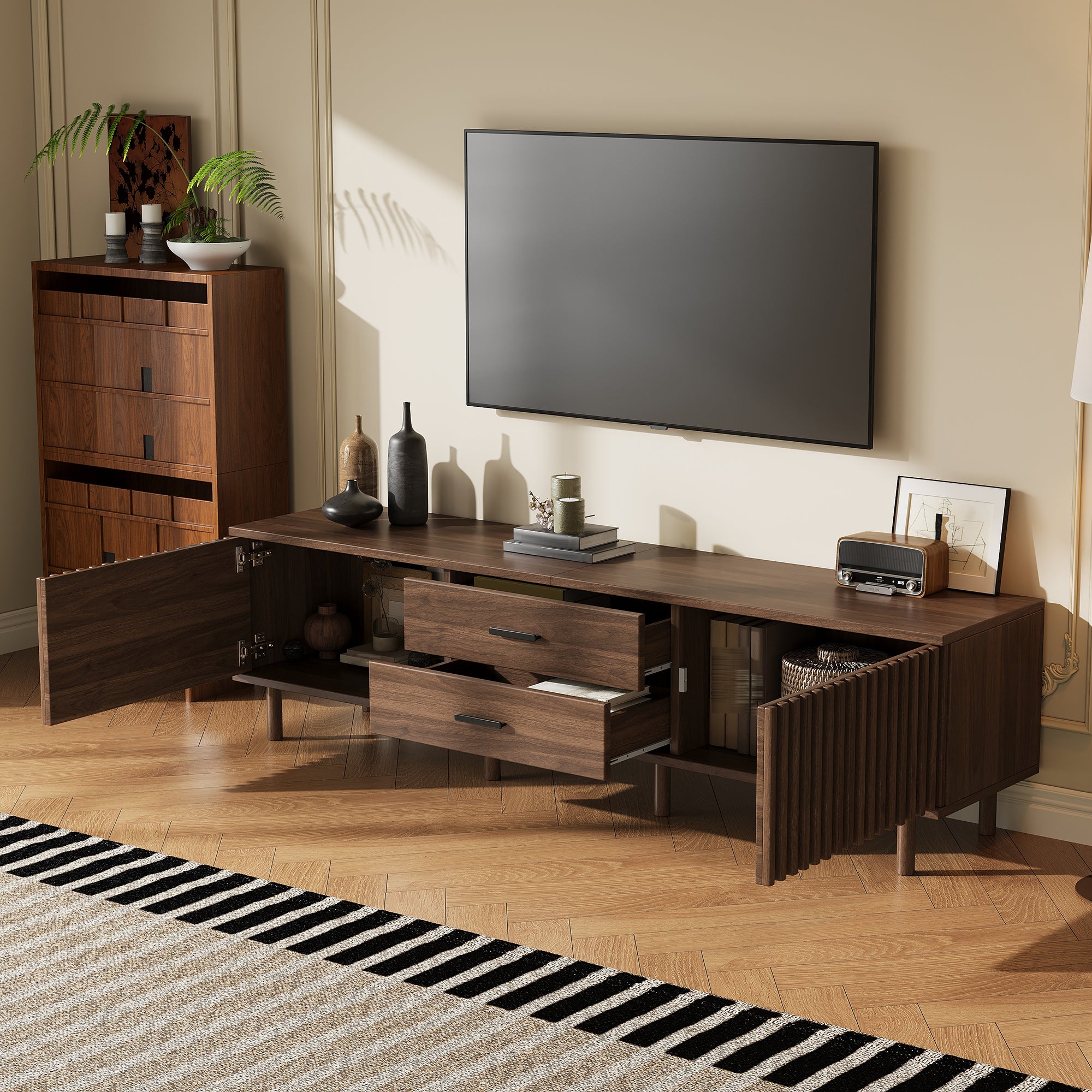 70-inch Modern TV Stand for TVs up to 80 Inches – Dark Brown Wood-Grain with Ample Storage & Solid Pine Legs