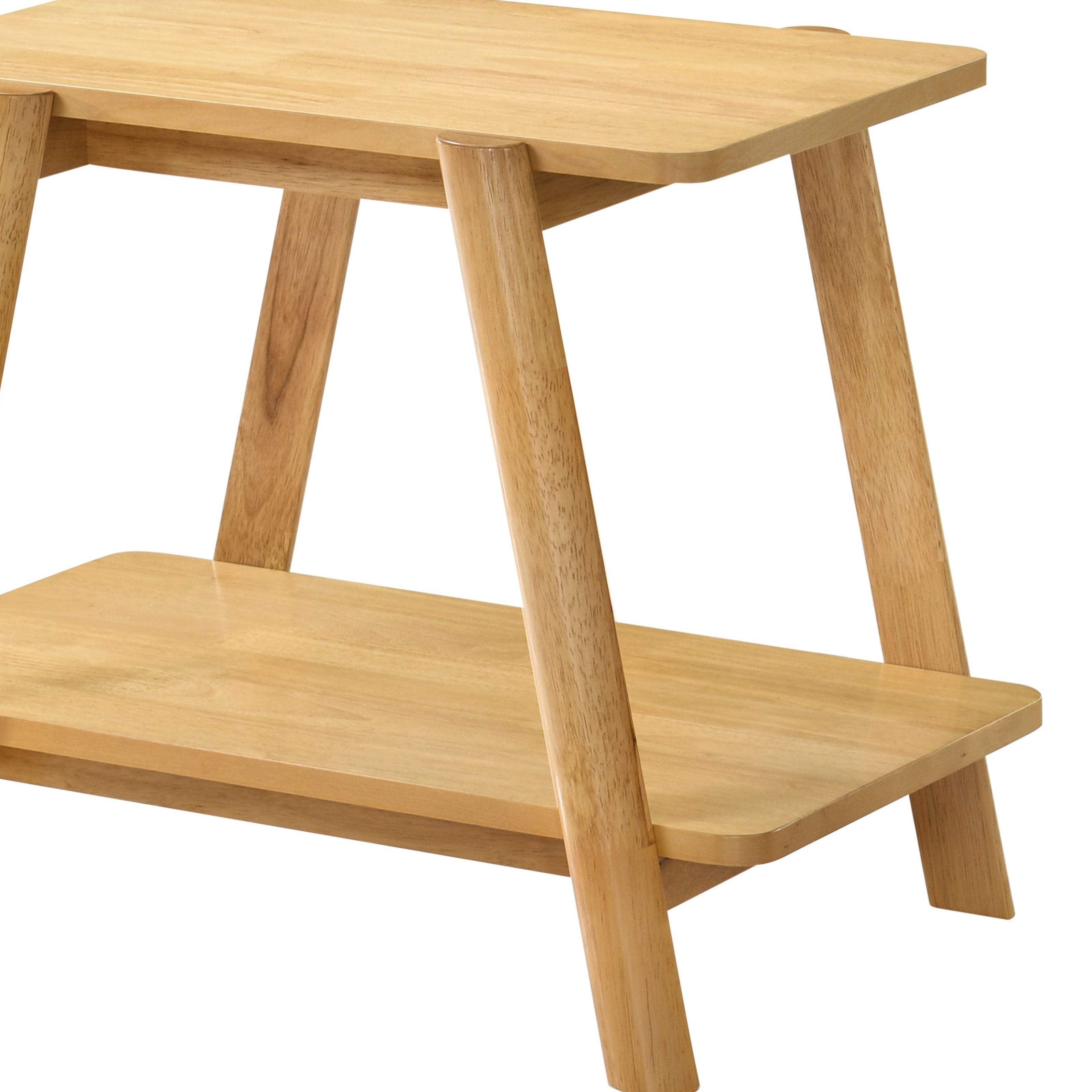 Side profile of Metz end table showing height, shelf depth, and leg construction