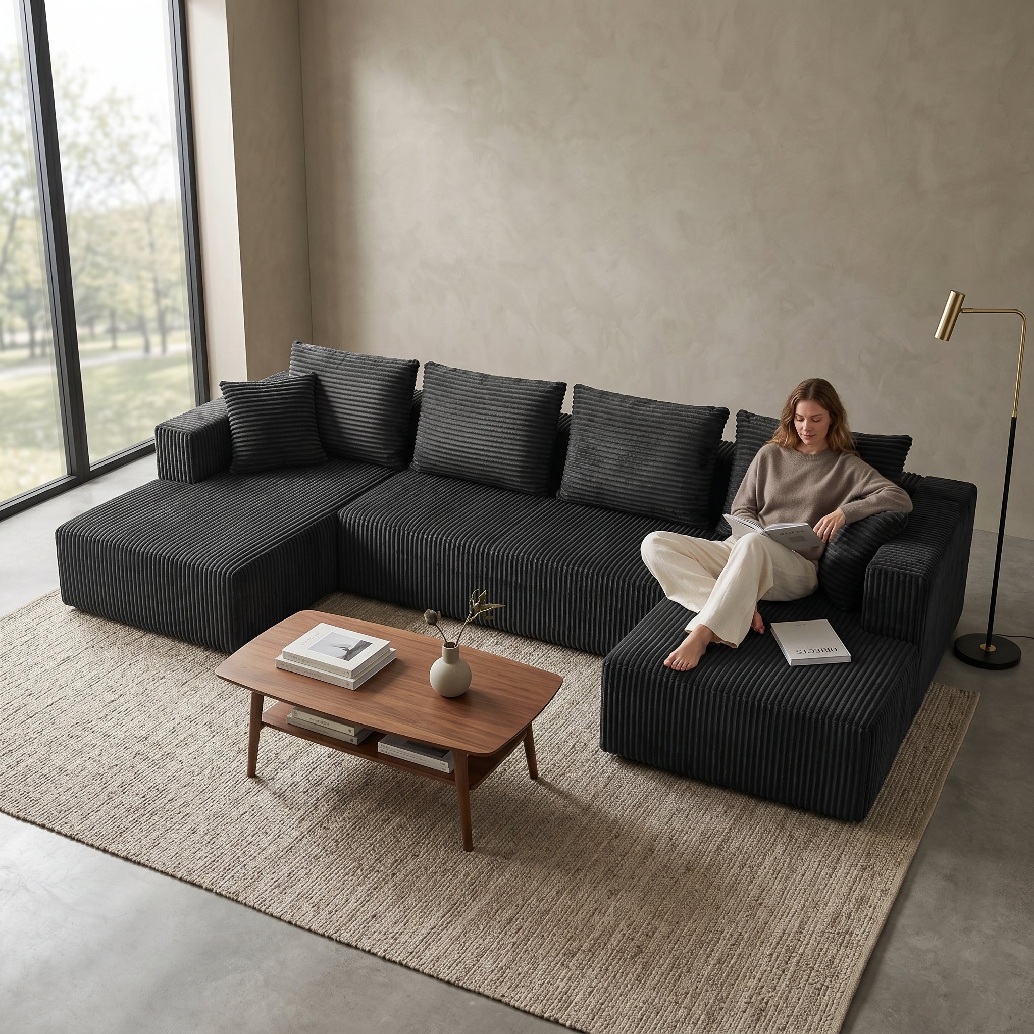 U-Shaped Corduroy Sectional Sofa with Double Chaise – Gray, 132" Deep Seat Secondary image