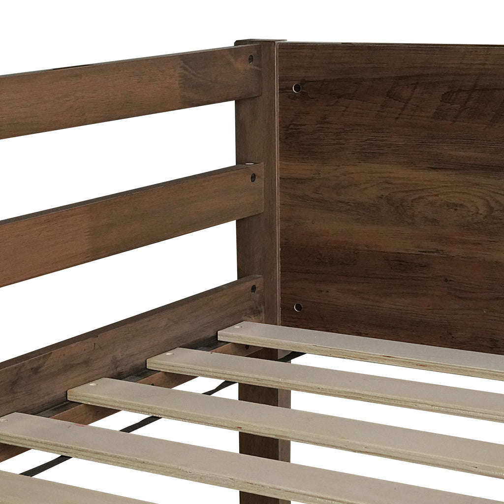 Twin Over Twin Floor Bunk Bed in Antique Oak – Solid Rubber Wood, Built-in Ladder & Safety Guardrails