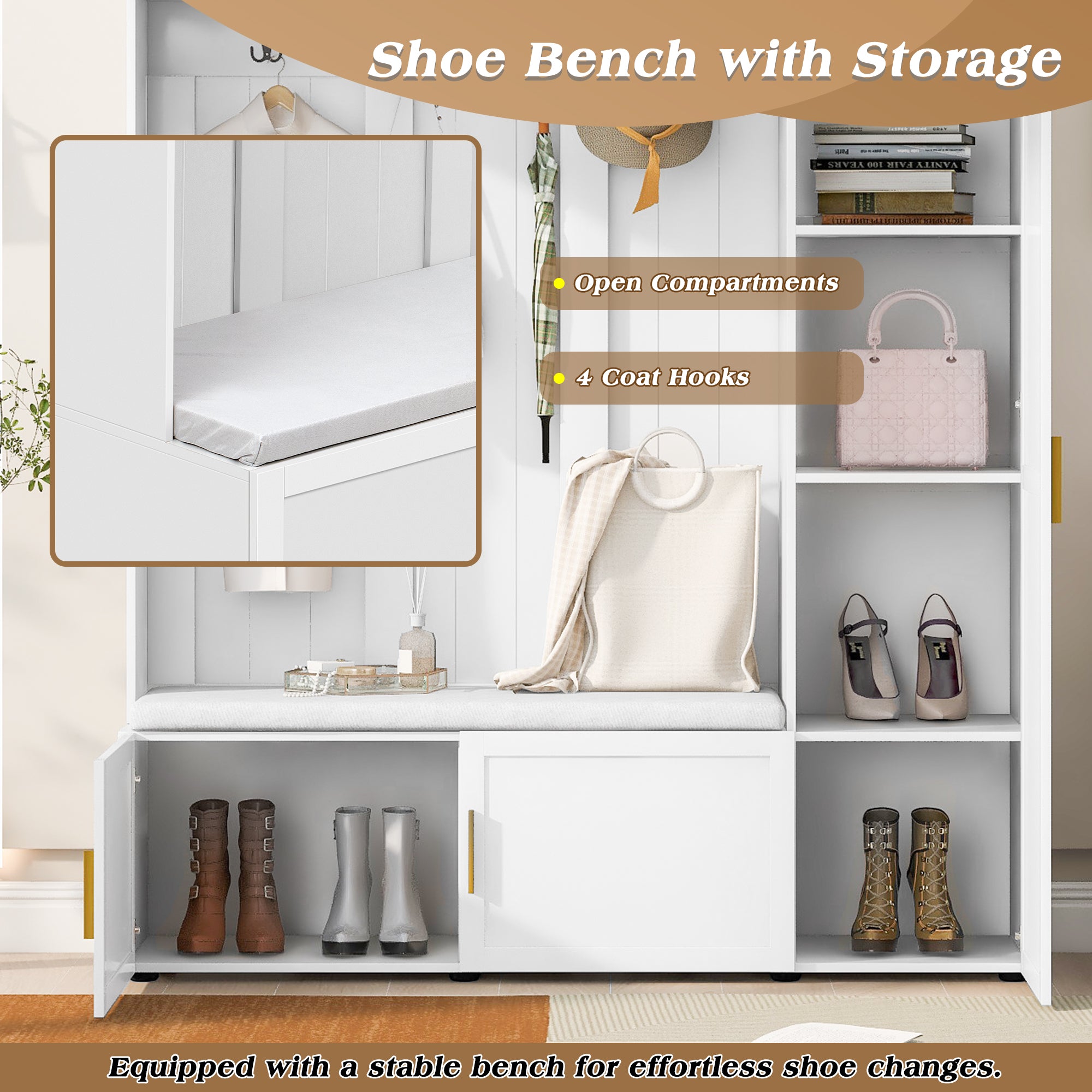 American-Style 4-in-1 Hall Tree with Padded Bench & 4 Hooks - product detail image 10