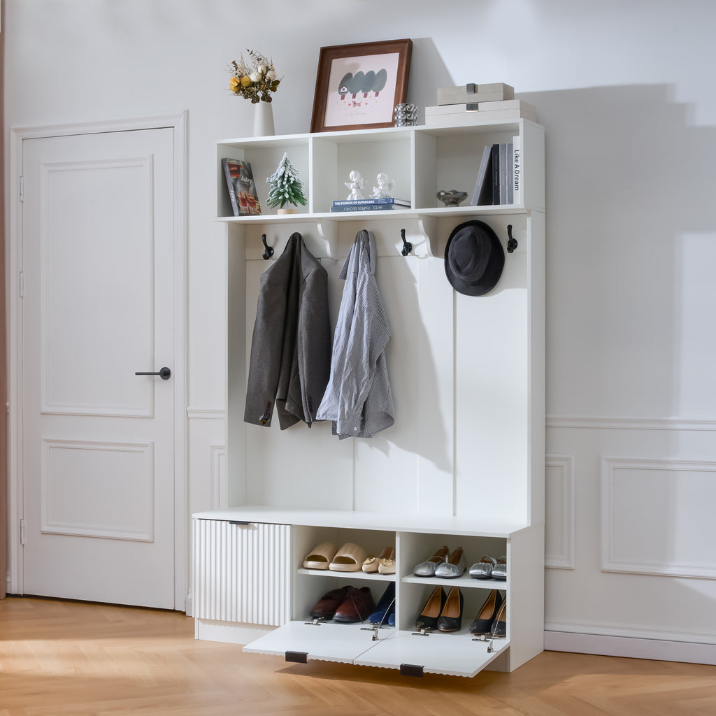 5-in-1 Hall Tree with Bench, Shoe Storage & Open Cabinets – White Modern Entryway Organizer