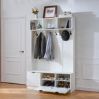 5-in-1 Hall Tree with Bench, Shoe Storage & Open Cabinets – White Modern Entryway Organizer
