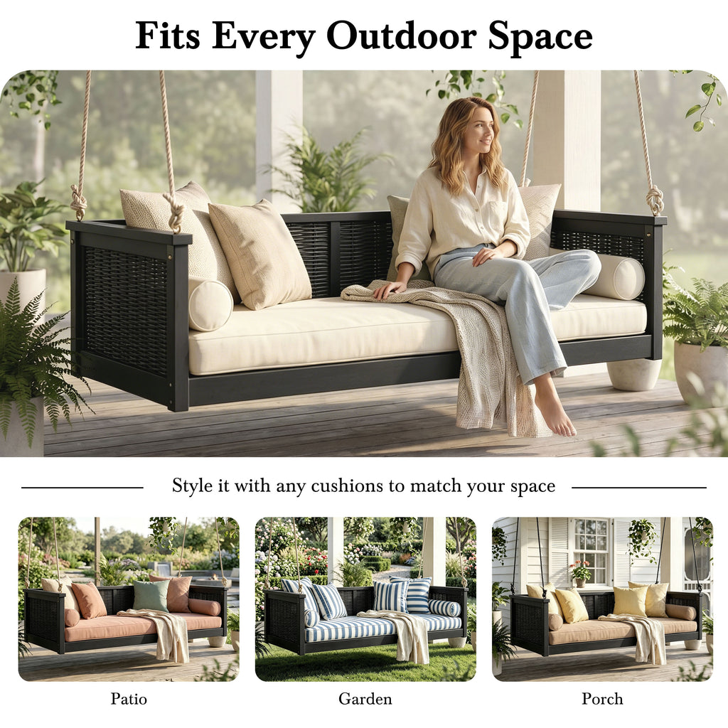 Outdoor Twin Swing Bed with Acacia Wood Frame & Rattan Weave – Black