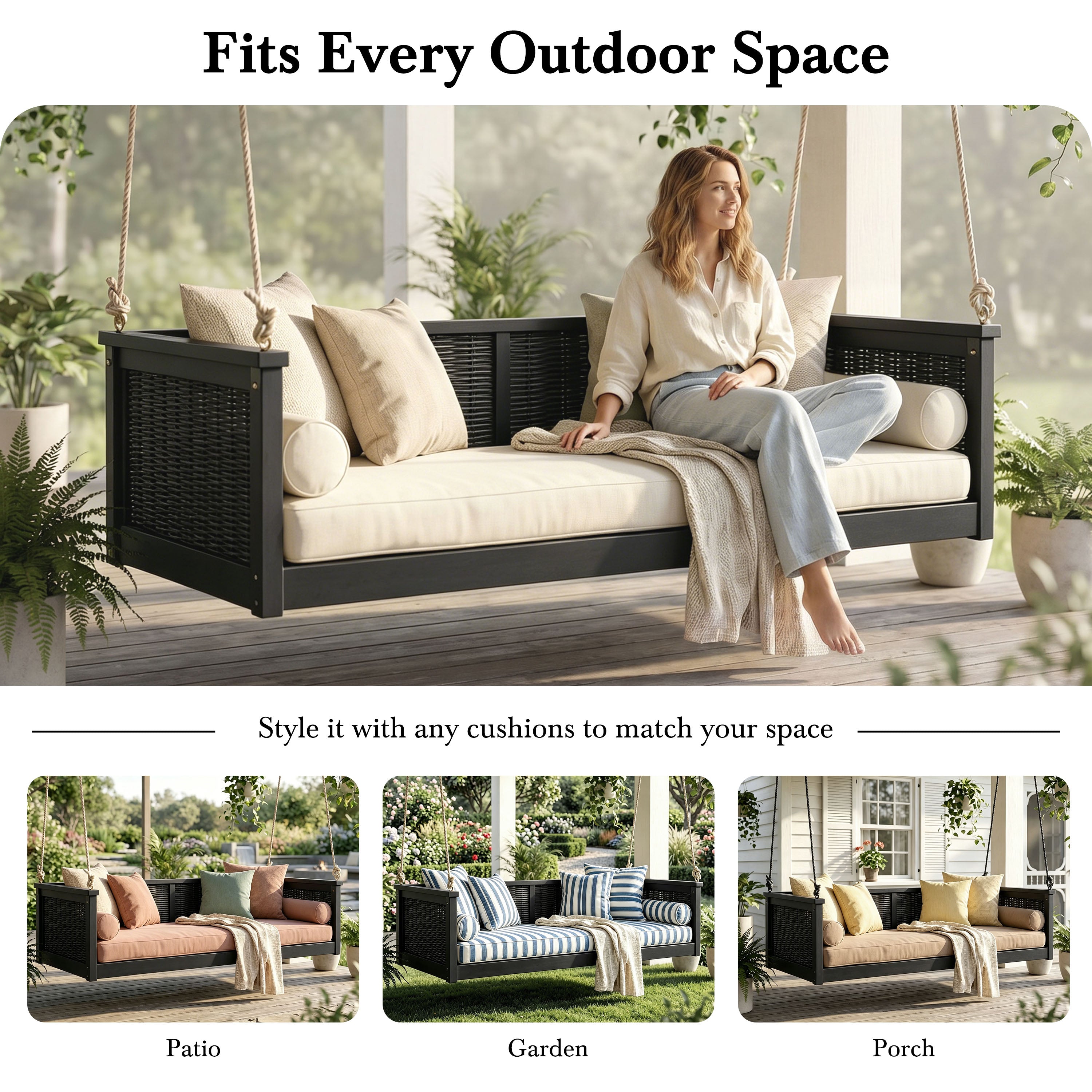 Outdoor Twin Swing Bed with Acacia Wood Frame & Rattan Weave – Black