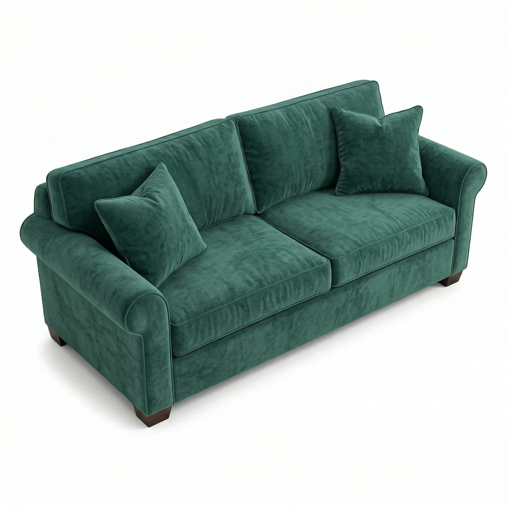 Close-up of Antique Kelly Green velvet upholstery texture on sofa cushion