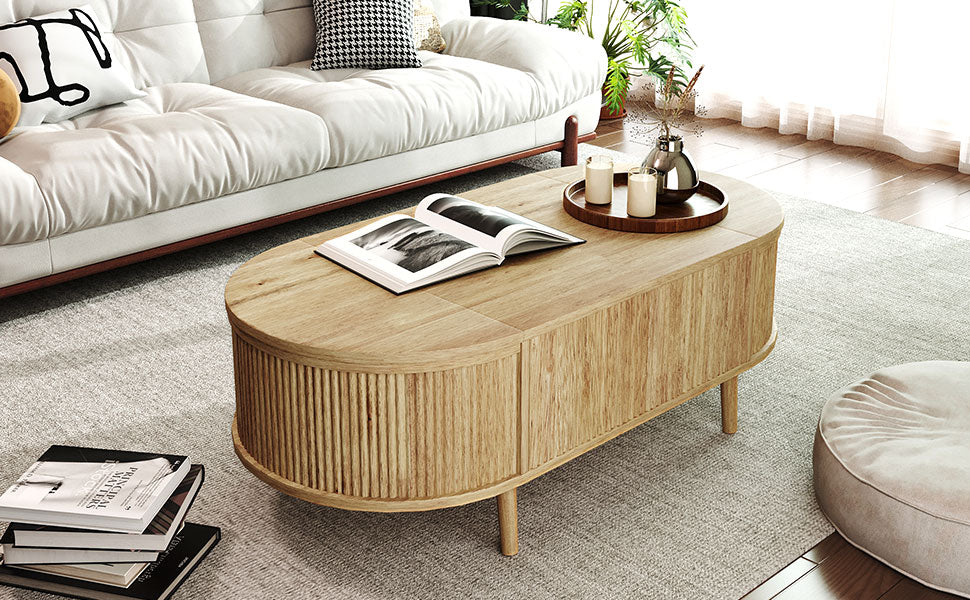 U-Can Oval Lift-Top Coffee Table with Hidden Storage & Wood Wave Grain Finish - product detail image 6