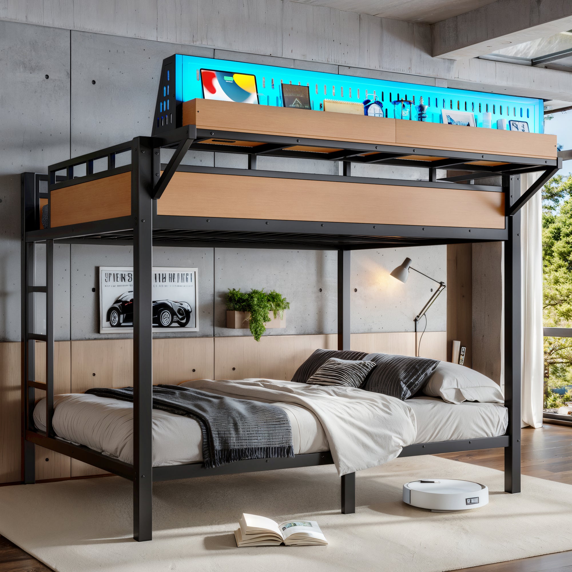 Queen Over Queen Metal Bunk Bed with Storage Shelves, Pegboard, USB Ports & LED Lights Secondary image