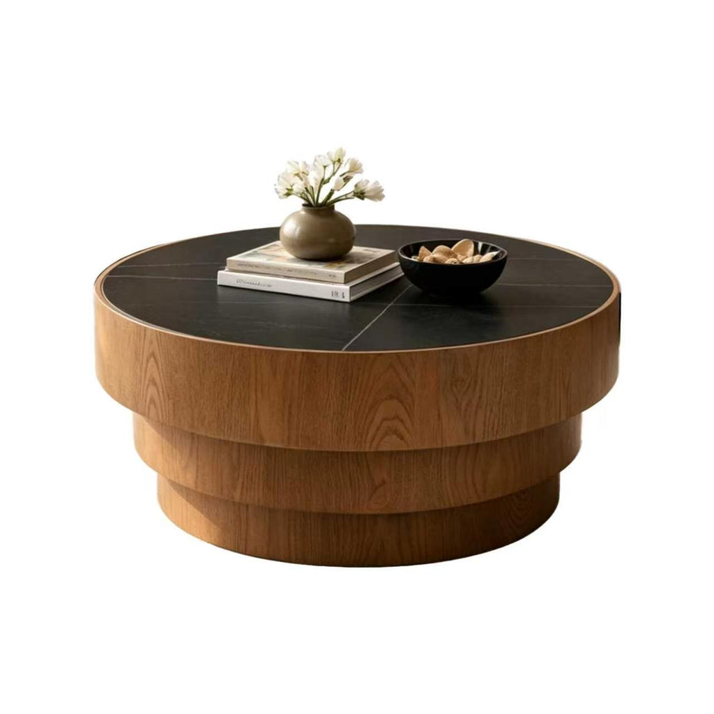 31.5" Round Coffee Table with Sintered Stone Top and Wood Veneer Tiered Base – Modern Black