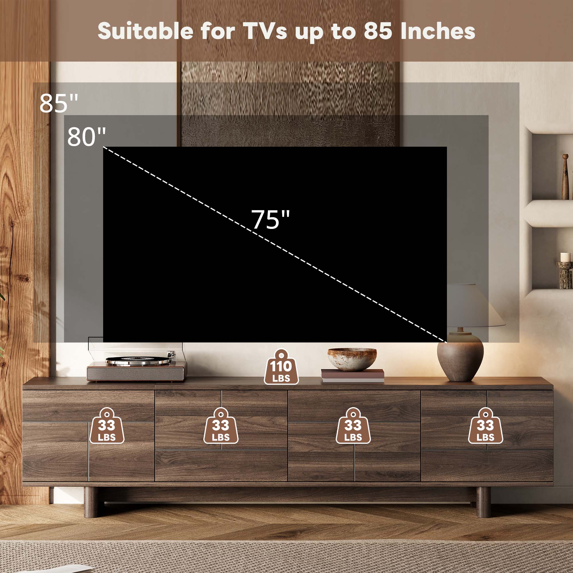 78-inch Modern TV Stand for TVs up to 85", Dark Brown Entertainment Center with Solid Wood Legs, Adjustable Shelves & Ca