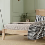 King Size Solid Wood Bed with Rattan Headboard – Natural Rubberwood Frame