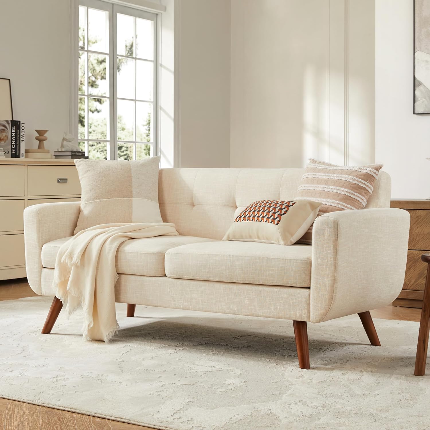 Tbfit 65" W Loveseat Sofa, Mid Century Modern Decor Love Seat Couches for Living Room, Button Tufted Upholstered Small Couch for Bedroom, Solid and Easy to Install Love Seats Furniture, Beige Main image