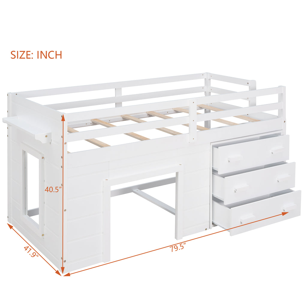 Twin Loft Bed with Storage Drawers and Built-in Ladder – White
