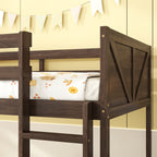 Twin Over Twin Floor Bunk Bed in Antique Oak – Solid Rubber Wood, Built-in Ladder & Safety Guardrails