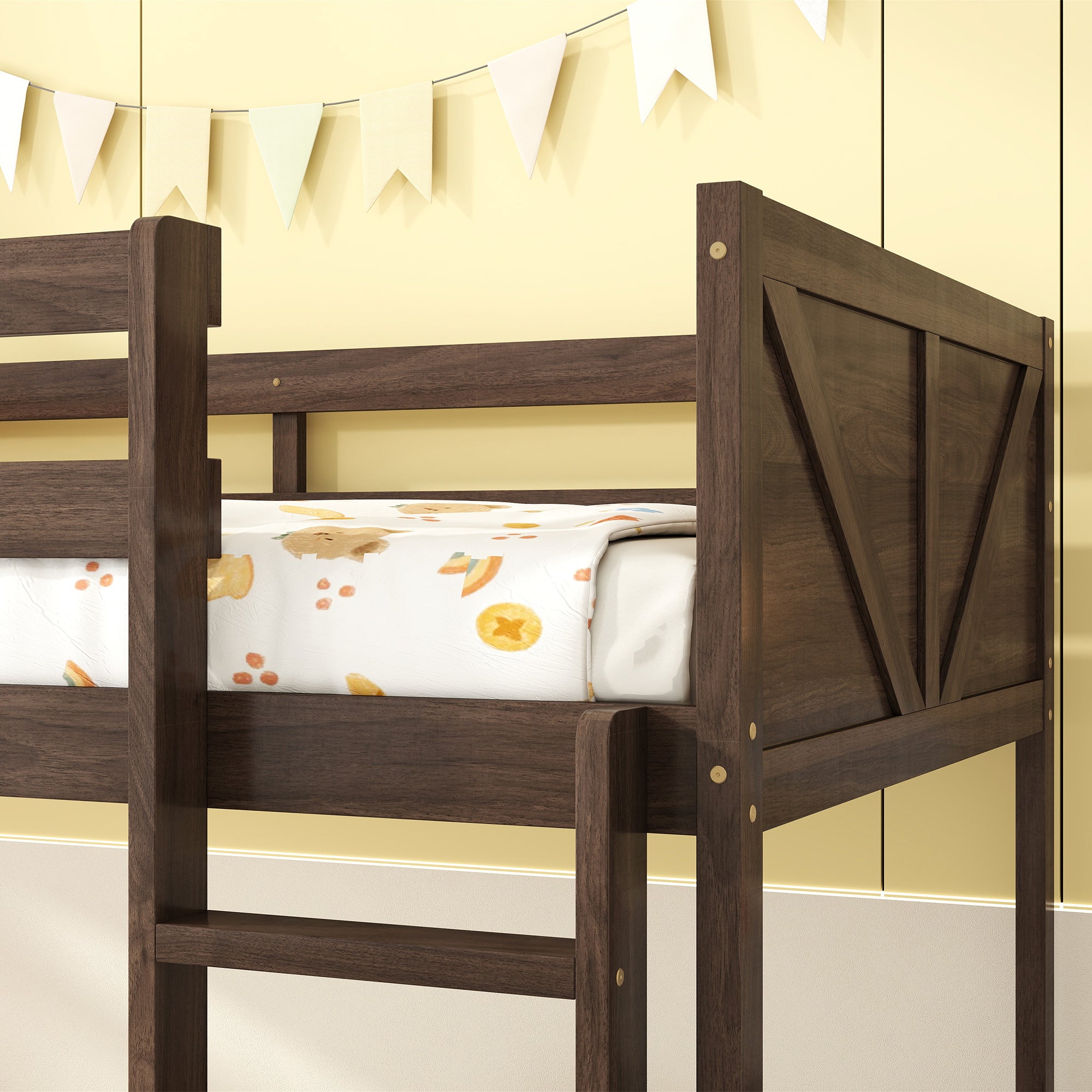 Twin Over Twin Floor Bunk Bed in Antique Oak – Solid Rubber Wood, Built-in Ladder & Safety Guardrails