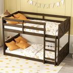 Twin Over Twin Floor Bunk Bed in Antique Oak – Solid Rubber Wood, Built-in Ladder & Safety Guardrails