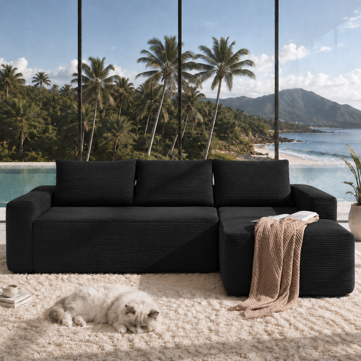 Angle view showing L-shaped configuration and corduroy texture of black sectional sofa