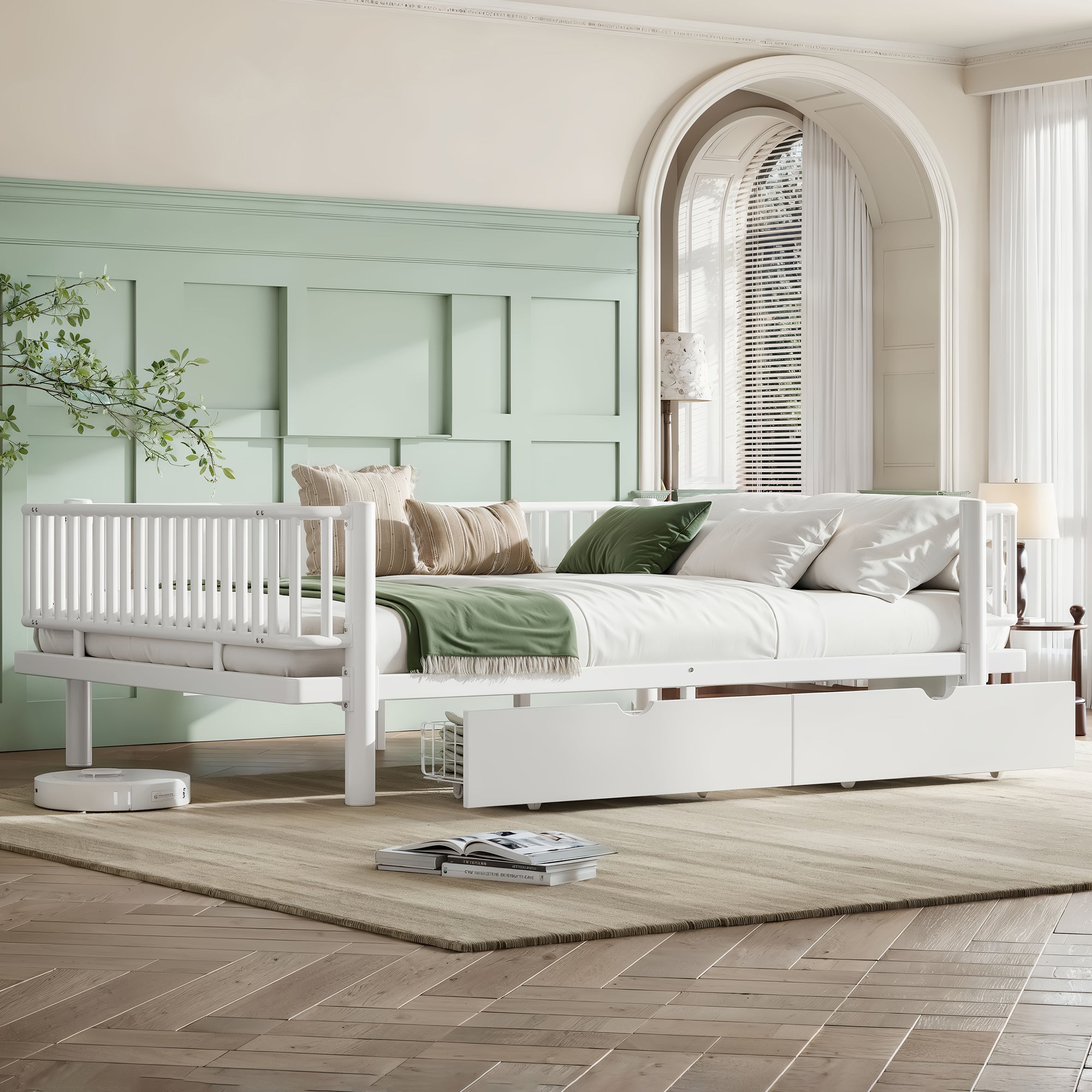 Queen Platform Bed with Storage Drawers, Low-Profile Metal Frame in White Secondary image