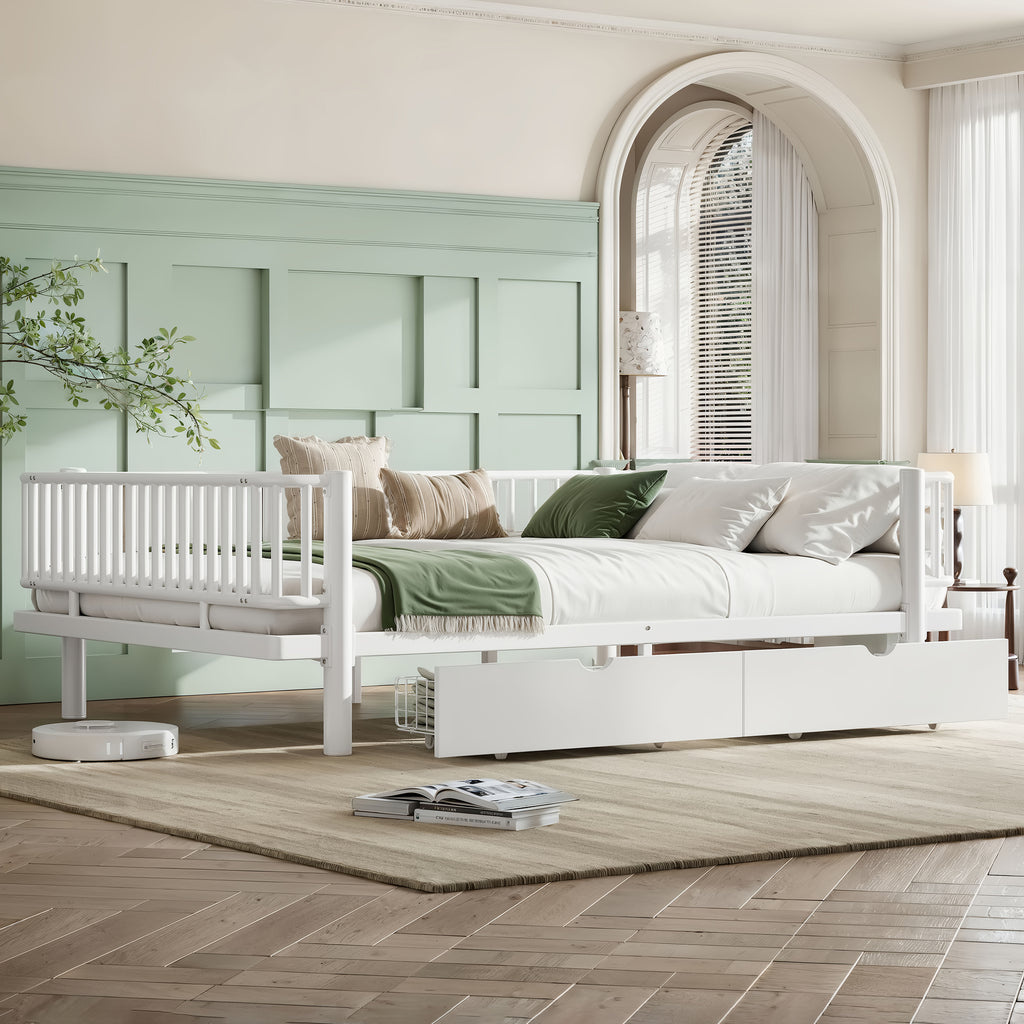 Queen Platform Bed with Storage Drawers, Low-Profile Metal Frame in White