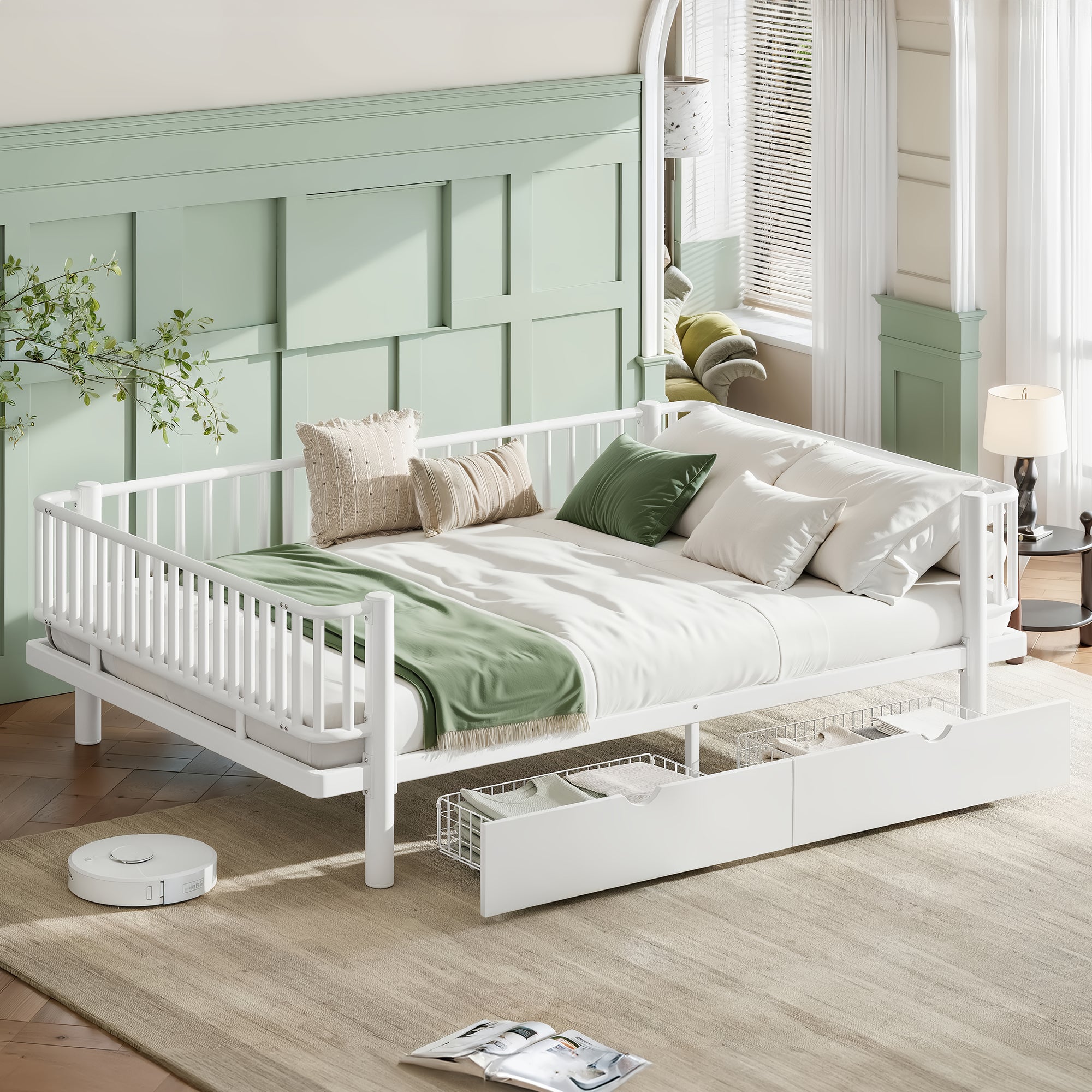 Queen Platform Bed with Storage Drawers, Low-Profile Metal Frame in White Main image