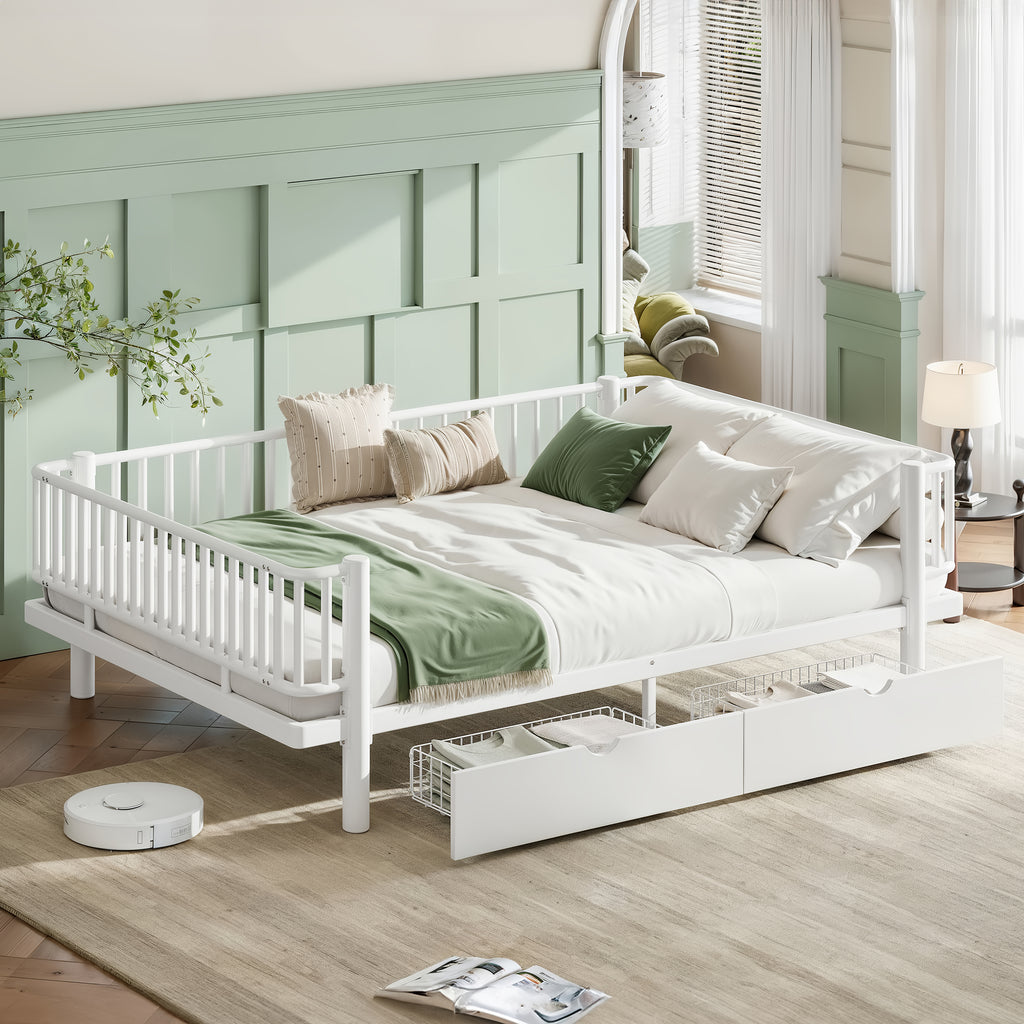 Queen Platform Bed with Storage Drawers, Low-Profile Metal Frame in White
