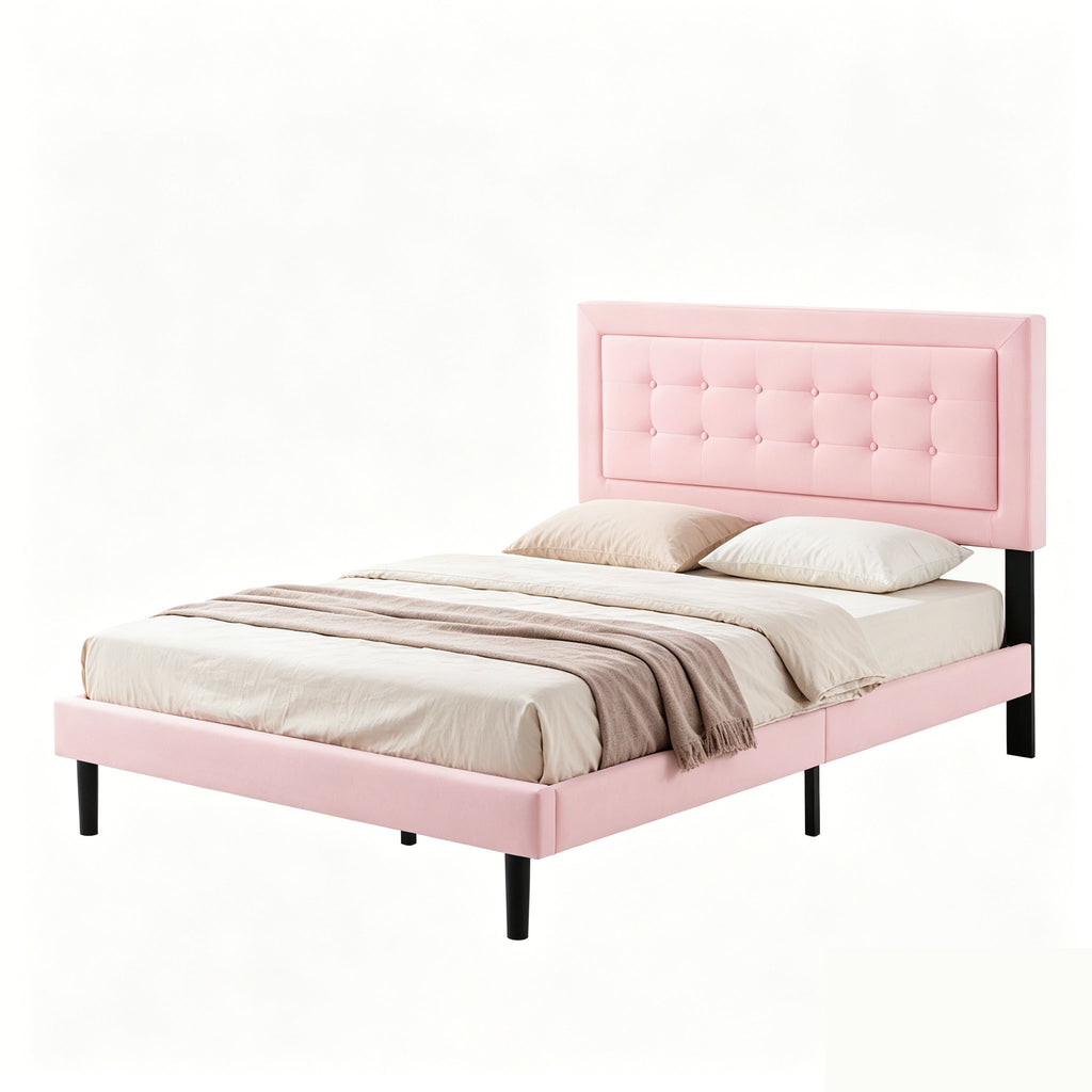 Front view of queen-size pink velvet upholstered bed frame with tufted headboard